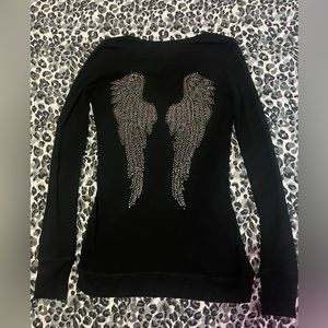 Miss me  black long sleeve stop rhinestone /studded angel wings